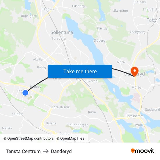 Tensta Centrum to Danderyd map
