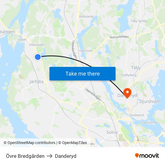 Övre Bredgården to Danderyd map