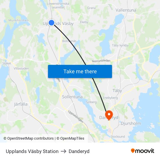 Upplands Väsby Station to Danderyd map