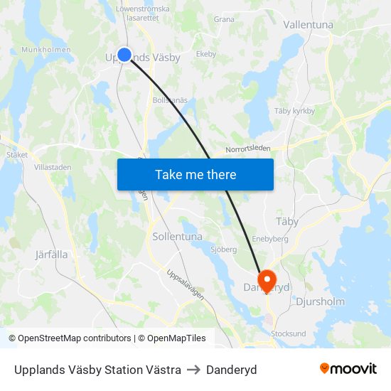 Upplands Väsby Station Västra to Danderyd map