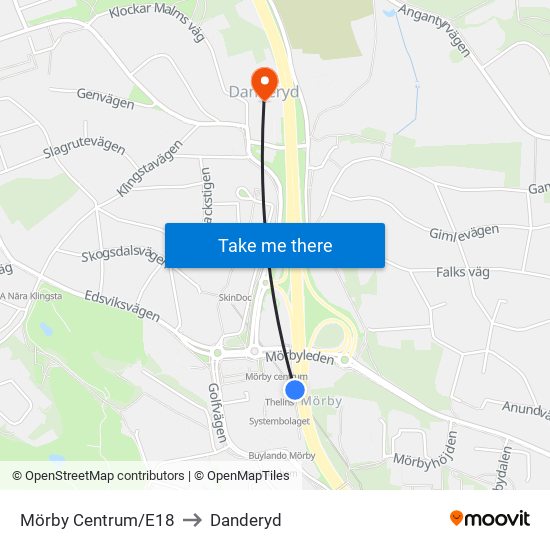 Mörby Centrum/E18 to Danderyd map