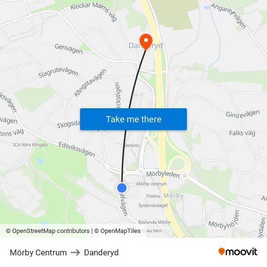 Mörby Centrum to Danderyd map