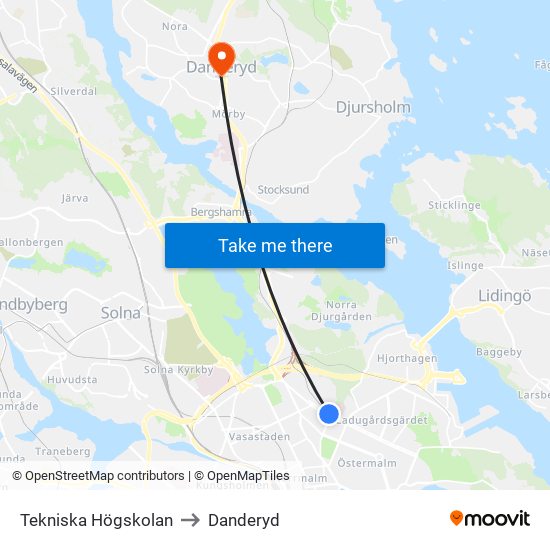 Tekniska Högskolan to Danderyd map