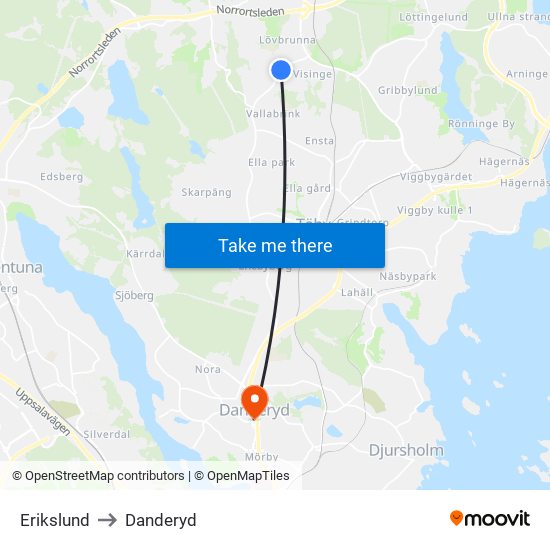 Erikslund to Danderyd map