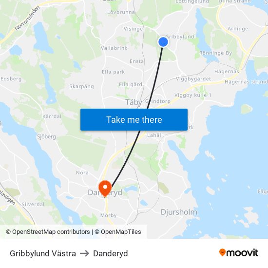 Gribbylund Västra to Danderyd map