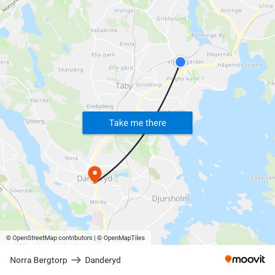 Norra Bergtorp to Danderyd map
