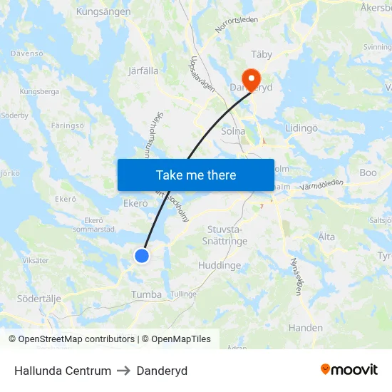 Hallunda Centrum to Danderyd map