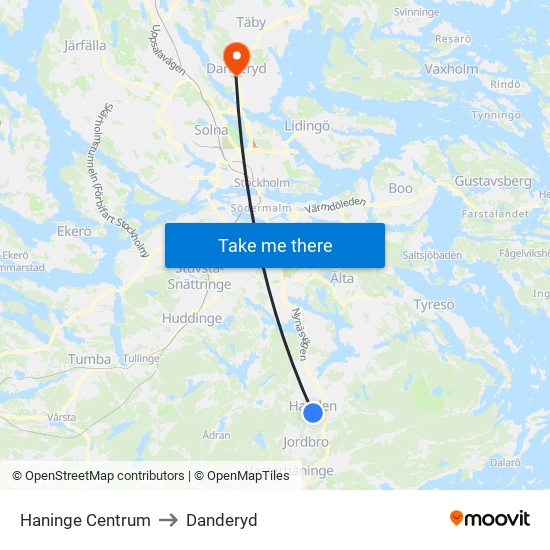 Haninge Centrum to Danderyd map
