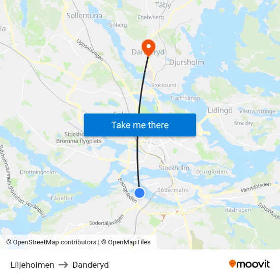 Liljeholmen to Danderyd map