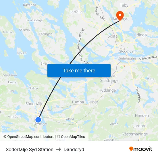 Södertälje Syd Station to Danderyd map