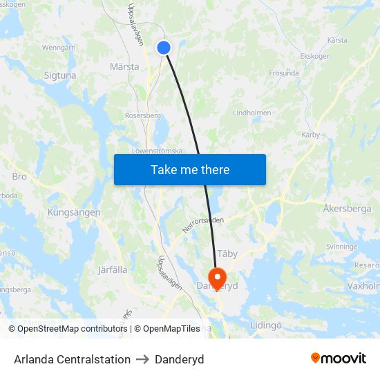 Arlanda Centralstation to Danderyd map