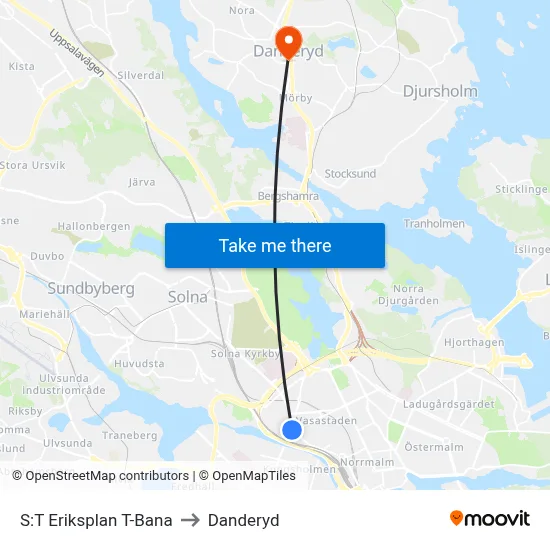 S:T Eriksplan T-Bana to Danderyd map