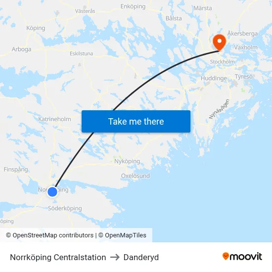Norrköping Centralstation to Danderyd map
