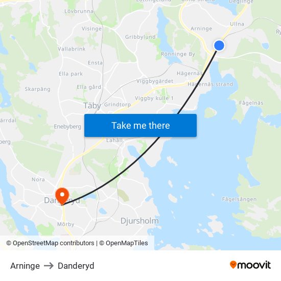 Arninge to Danderyd map