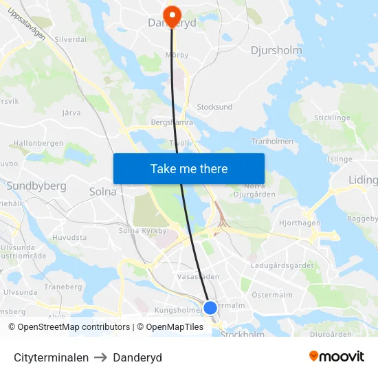Cityterminalen to Danderyd map