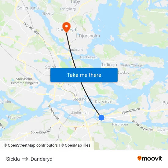 Sickla to Danderyd map