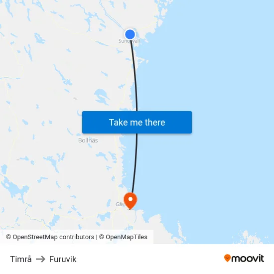 Timrå to Furuvik map