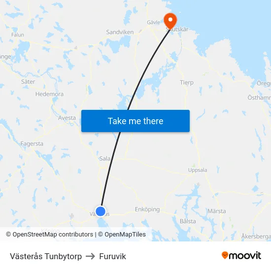 Västerås Tunbytorp to Furuvik map