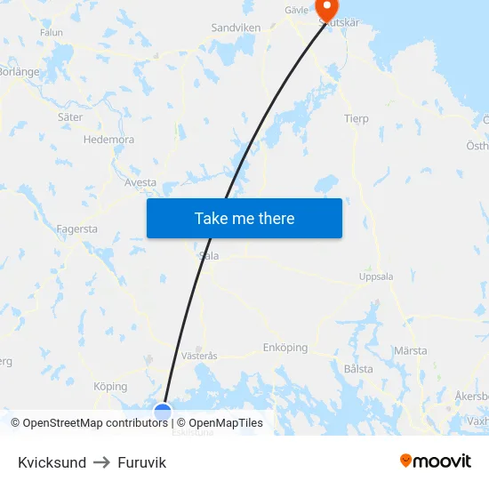 Kvicksund to Furuvik map