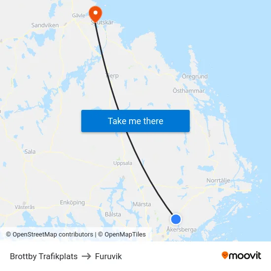 Brottby Trafikplats to Furuvik map