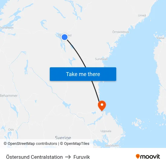 Östersund Centralstation to Furuvik map