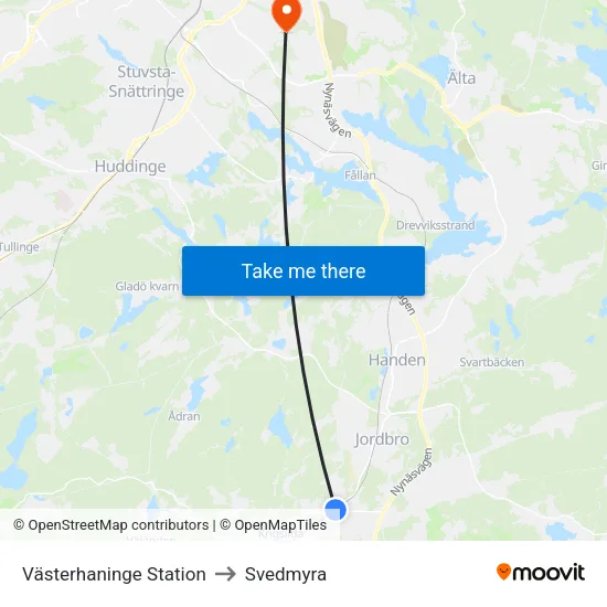 Västerhaninge Station to Svedmyra map