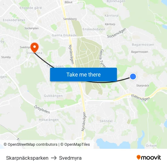 Skarpnäcksparken to Svedmyra map