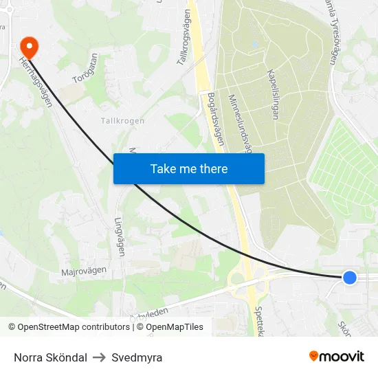 Norra Sköndal to Svedmyra map