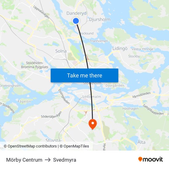 Mörby Centrum to Svedmyra map