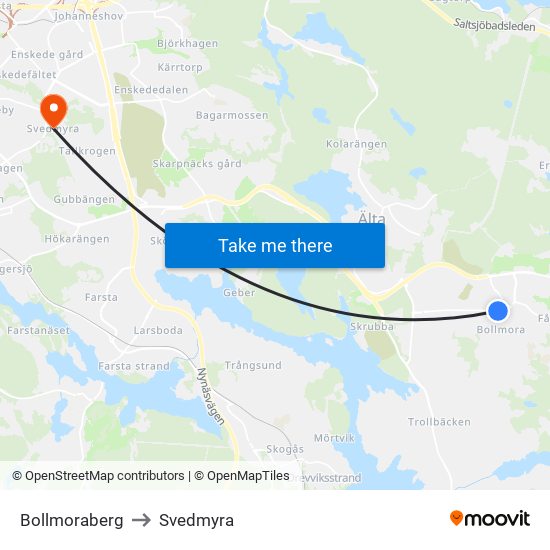 Bollmoraberg to Svedmyra map