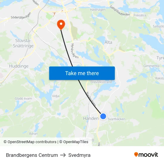 Brandbergens Centrum to Svedmyra map