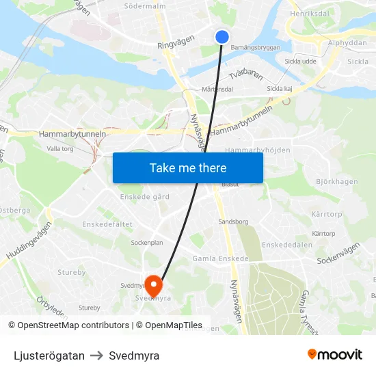 Ljusterögatan to Svedmyra map