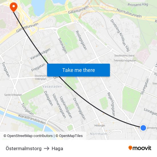 Östermalmstorg to Haga map