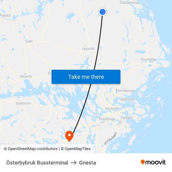 Österbybruk Bussterminal to Gnesta map