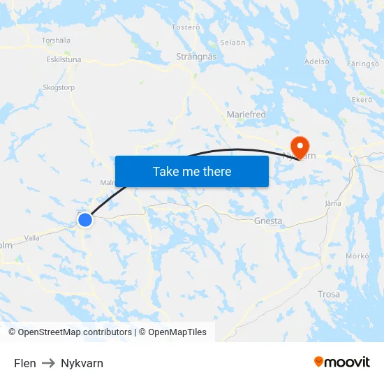 Flen to Nykvarn map