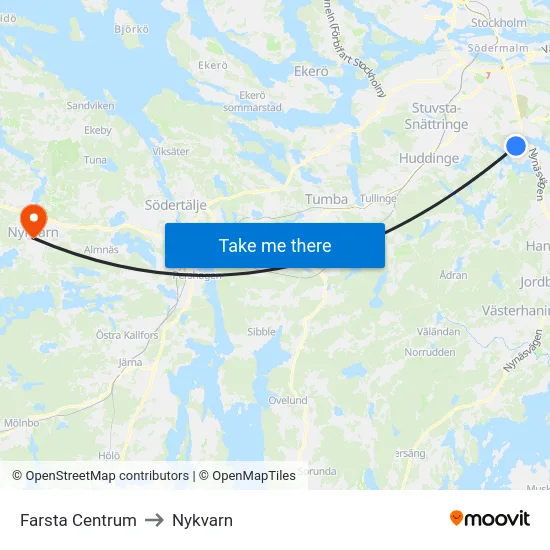 Farsta Centrum to Nykvarn map