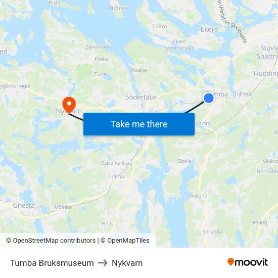 Tumba Bruksmuseum to Nykvarn map