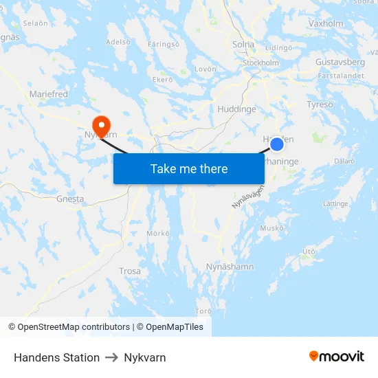 Handens Station to Nykvarn map