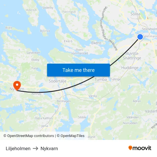Liljeholmen to Nykvarn map