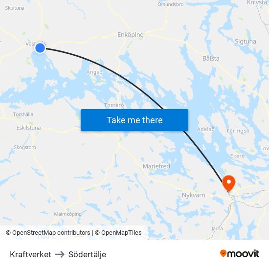 Kraftverket to Södertälje map