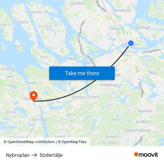 Nybroplan to Södertälje map