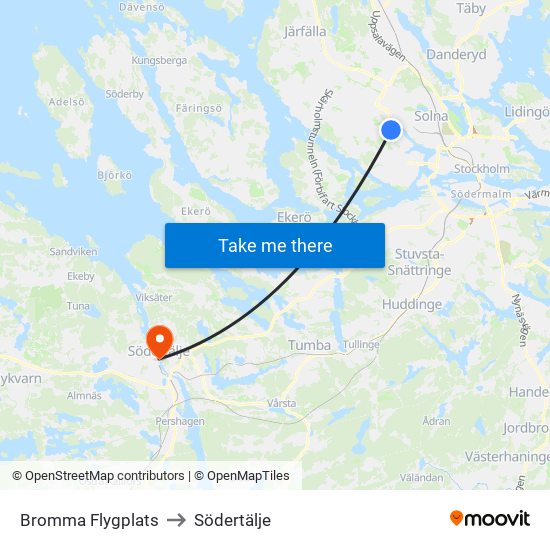 Bromma Flygplats to Södertälje map