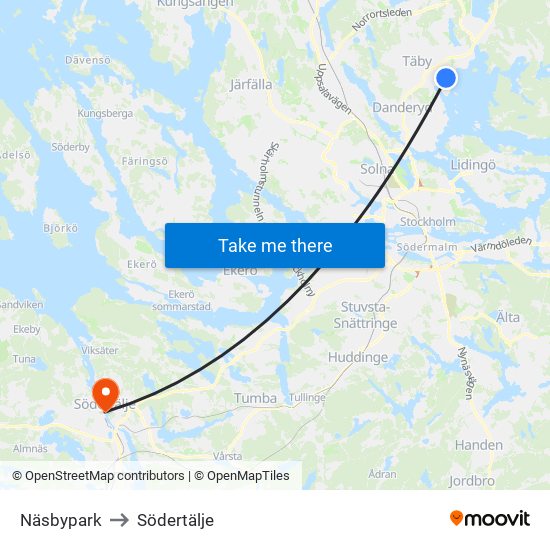 Näsbypark to Södertälje map