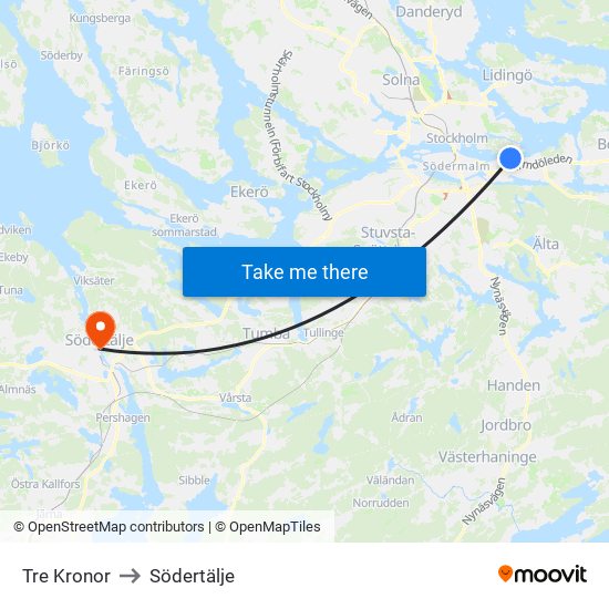 Tre Kronor to Södertälje map