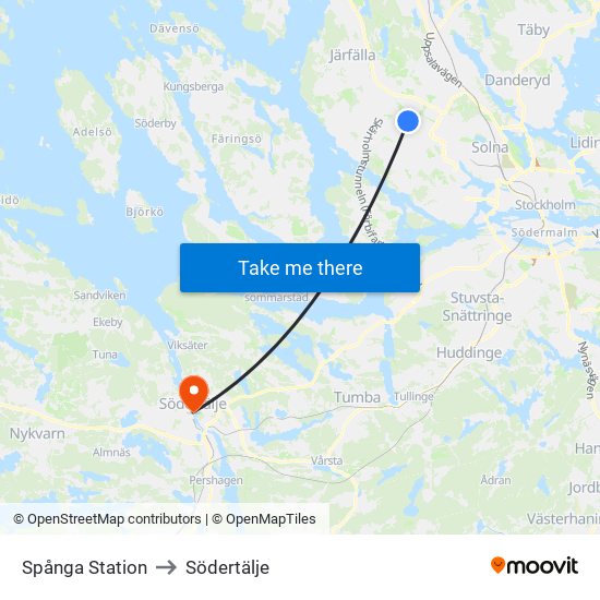 Spånga Station to Södertälje map