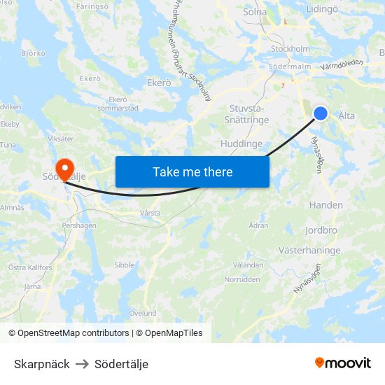 Skarpnäck to Södertälje map