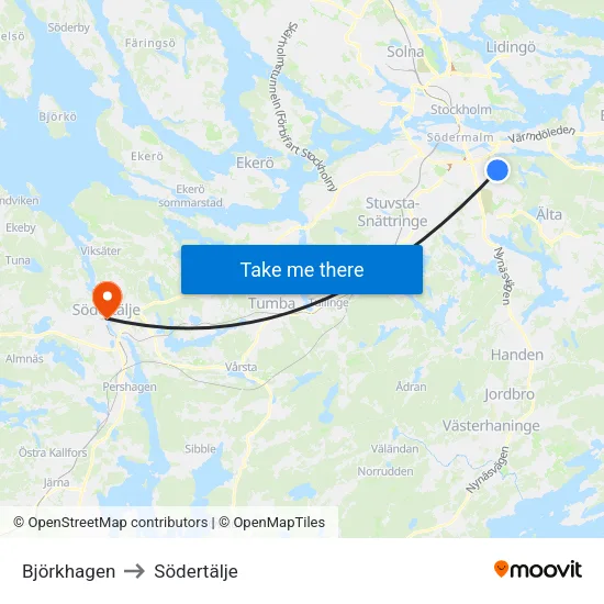 Björkhagen to Södertälje map