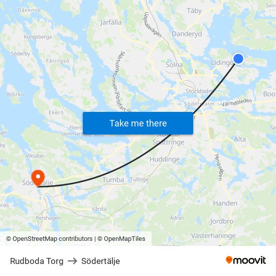 Rudboda Torg to Södertälje map