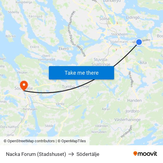 Nacka Forum (Stadshuset) to Södertälje map