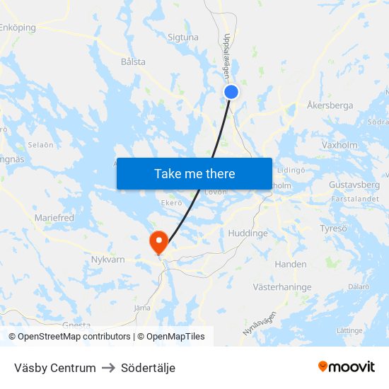 Väsby Centrum to Södertälje map